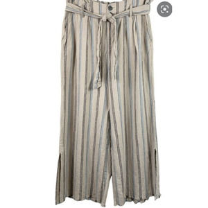 Rewash Paper Bag Wide Leg Linen Blend Striped Belted Pockets Raw Hem -L